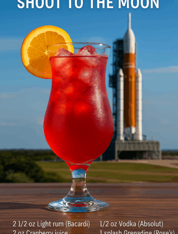 Shoot to the Moon cocktail recipe in a hurricane glass with a rocket launch pad in the background