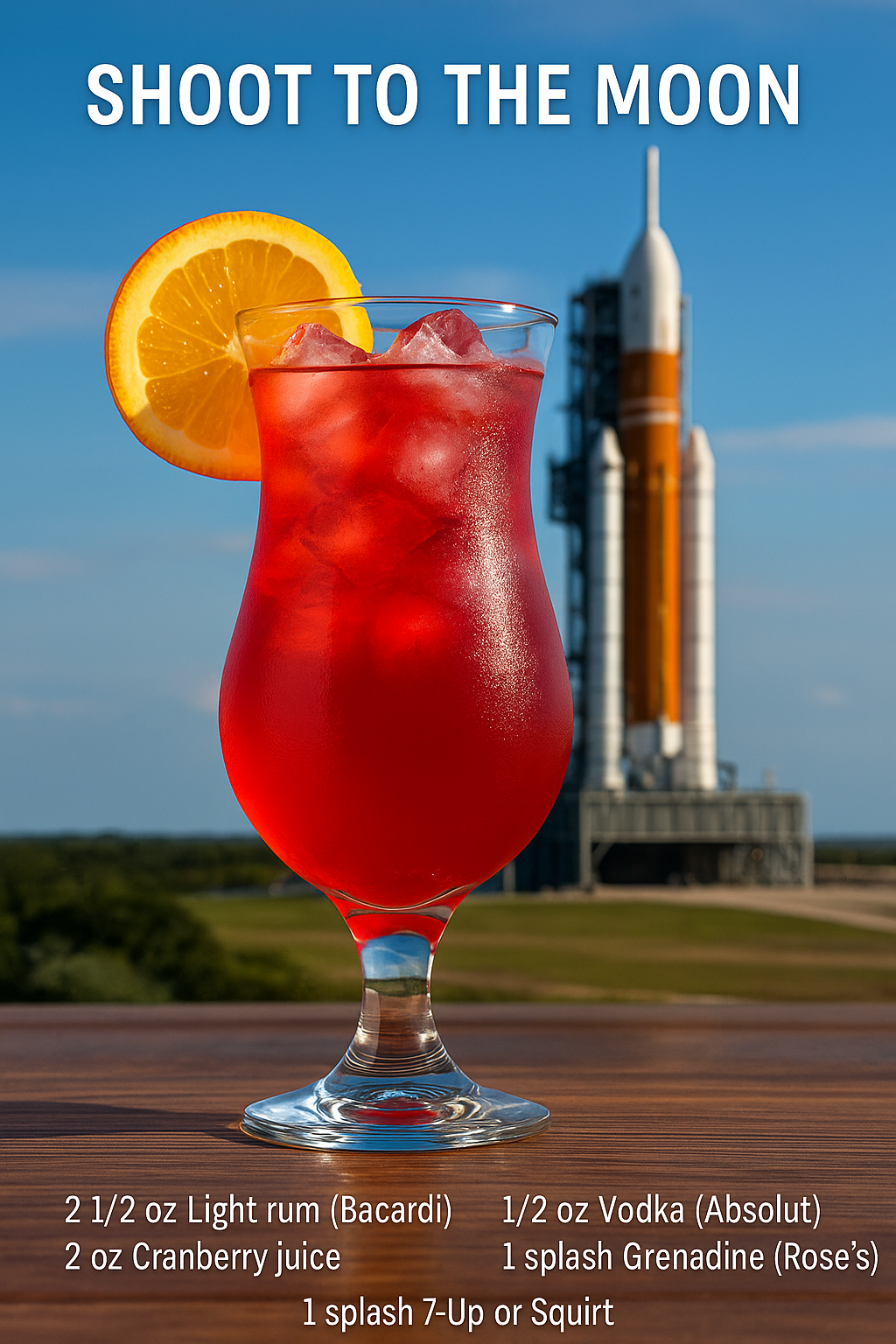 Shoot to the Moon cocktail recipe in a hurricane glass with a rocket launch pad in the background