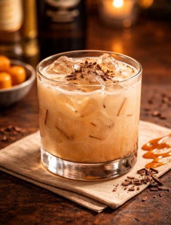 A slippery dick cocktail recipe served in an old fashioned glass with ice and chocolate shavings.