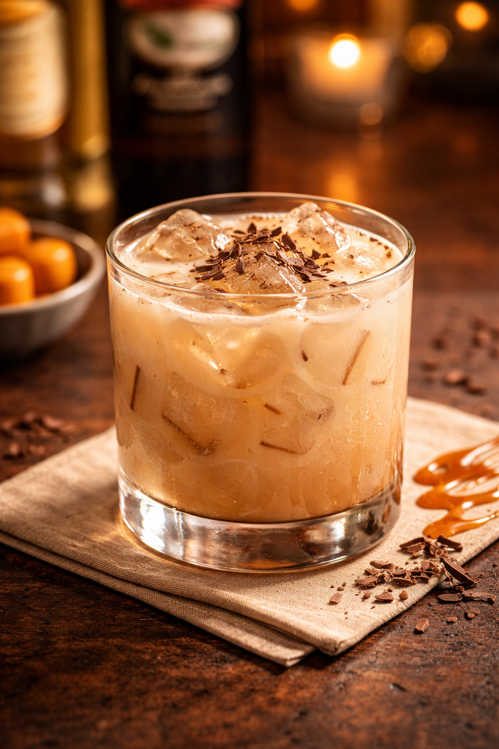 A slippery dick cocktail recipe served in an old fashioned glass with ice and chocolate shavings.
