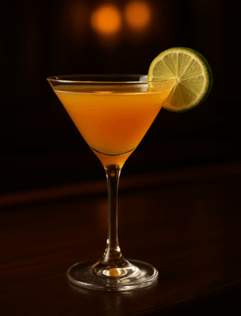 Kamikaze Kool cocktail recipe in a cocktail glass with a lime garnish on a dark polished bar