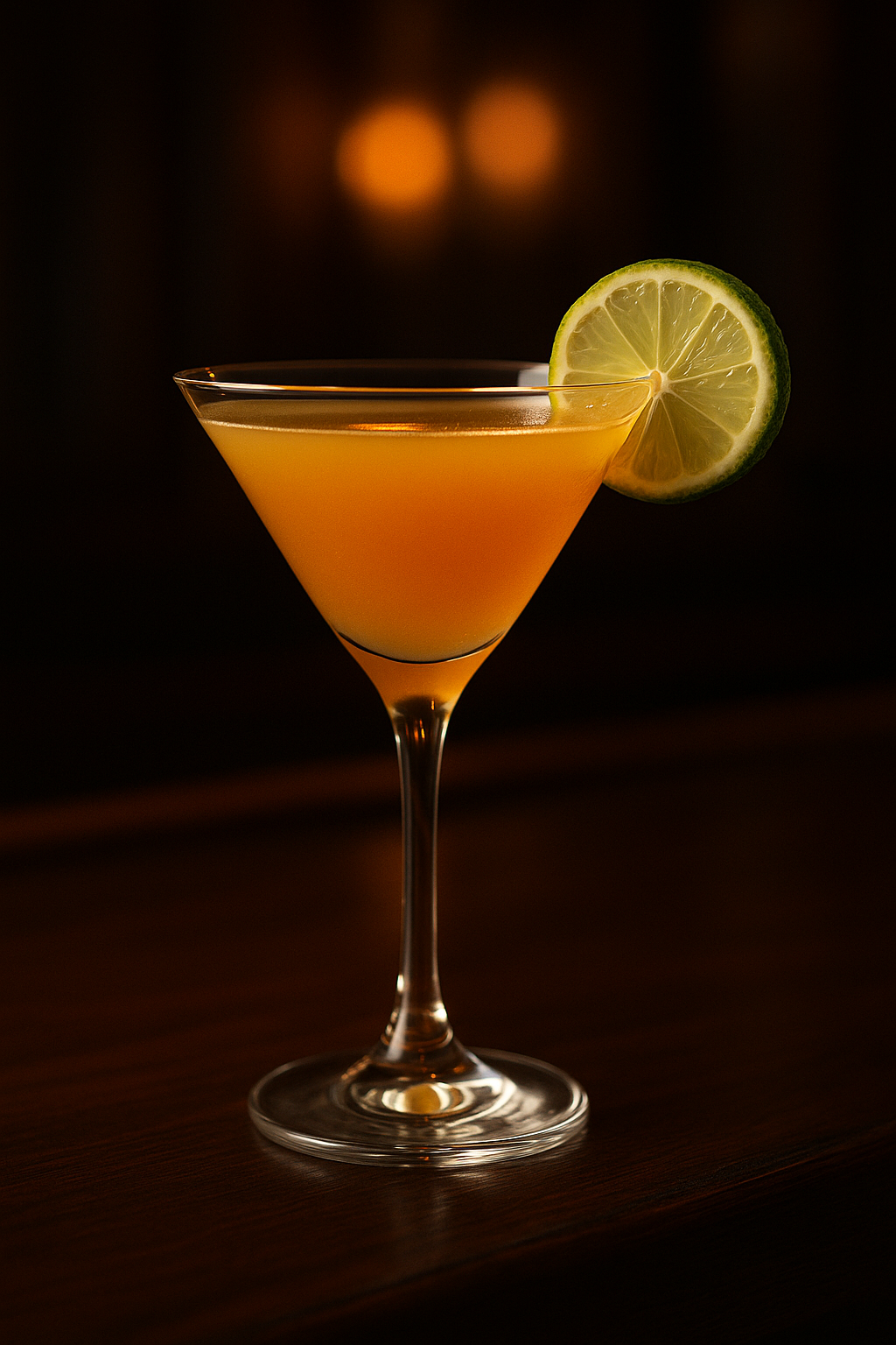 Kamikaze Kool cocktail recipe in a cocktail glass with a lime garnish on a dark polished bar