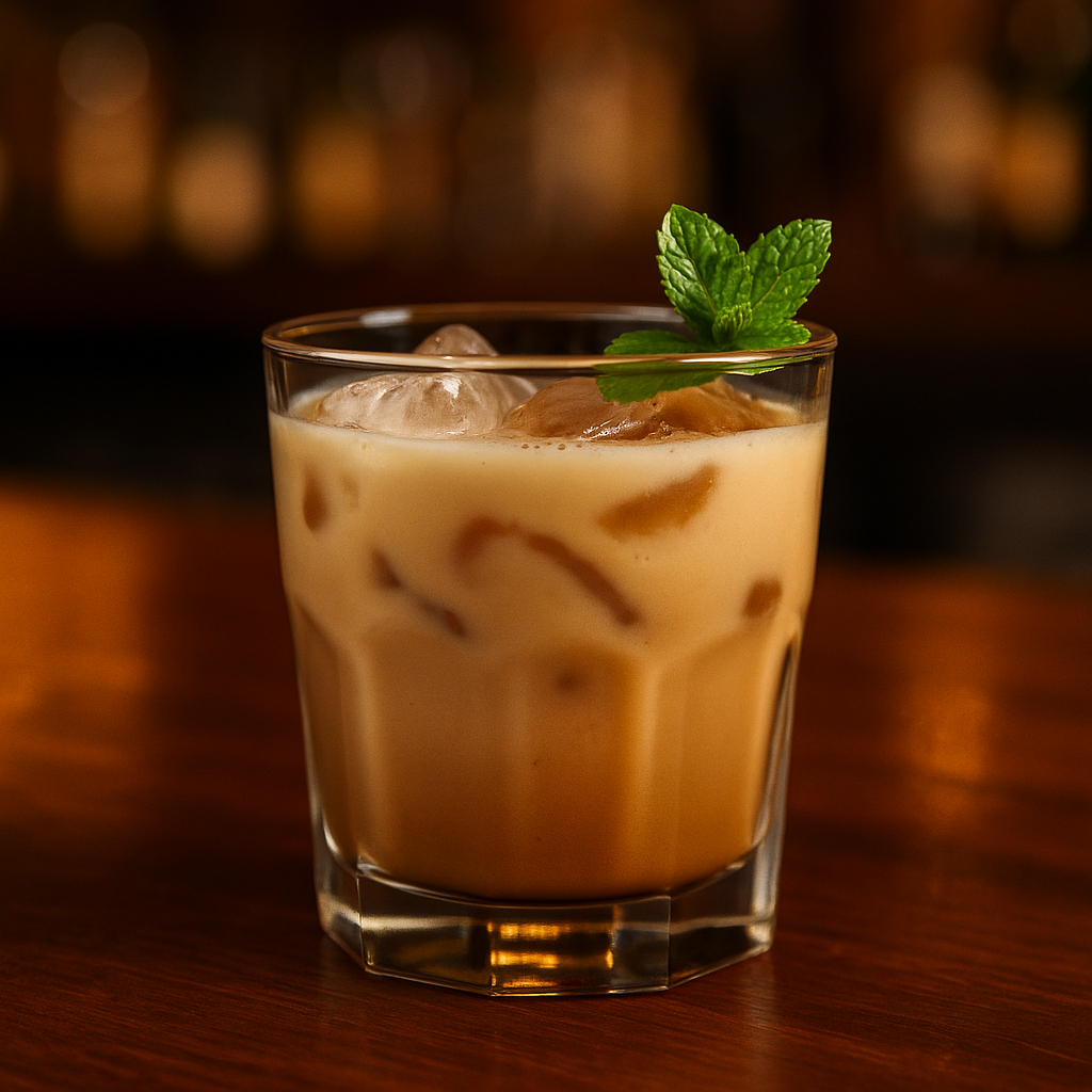 Nutty Bitch cocktail recipe in an old-fashioned glass with ice and mint garnish on a light wooden bar