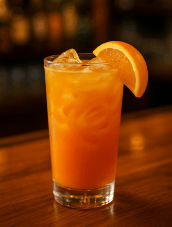 Orange Ed cocktail recipe in a highball glass with ice and orange garnish on a sunlit bar Title: Orange Ed Cocktail Recipe in a Highball Glass