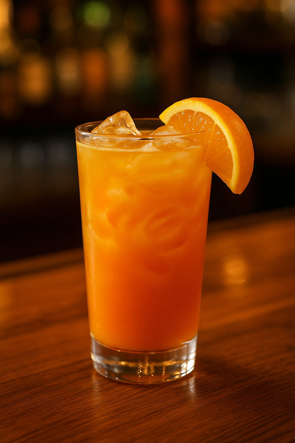 Orange Ed cocktail recipe in a highball glass with ice and orange garnish on a sunlit bar Title: Orange Ed Cocktail Recipe in a Highball Glass
