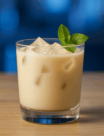 Sky Pilot cocktail recipe in an old-fashioned glass with mint garnish on a light wooden bar under blue lighting