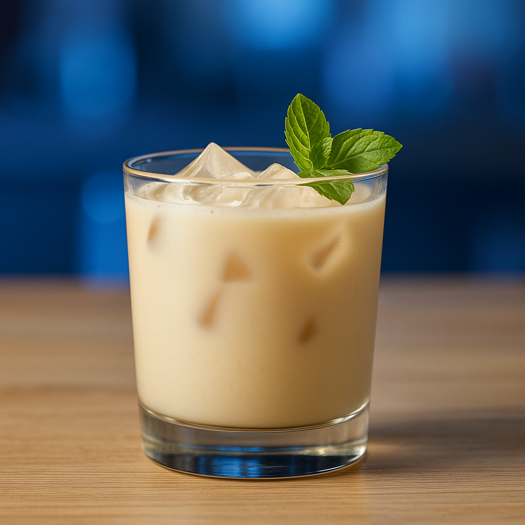 Sky Pilot cocktail recipe in an old-fashioned glass with mint garnish on a light wooden bar under blue lighting