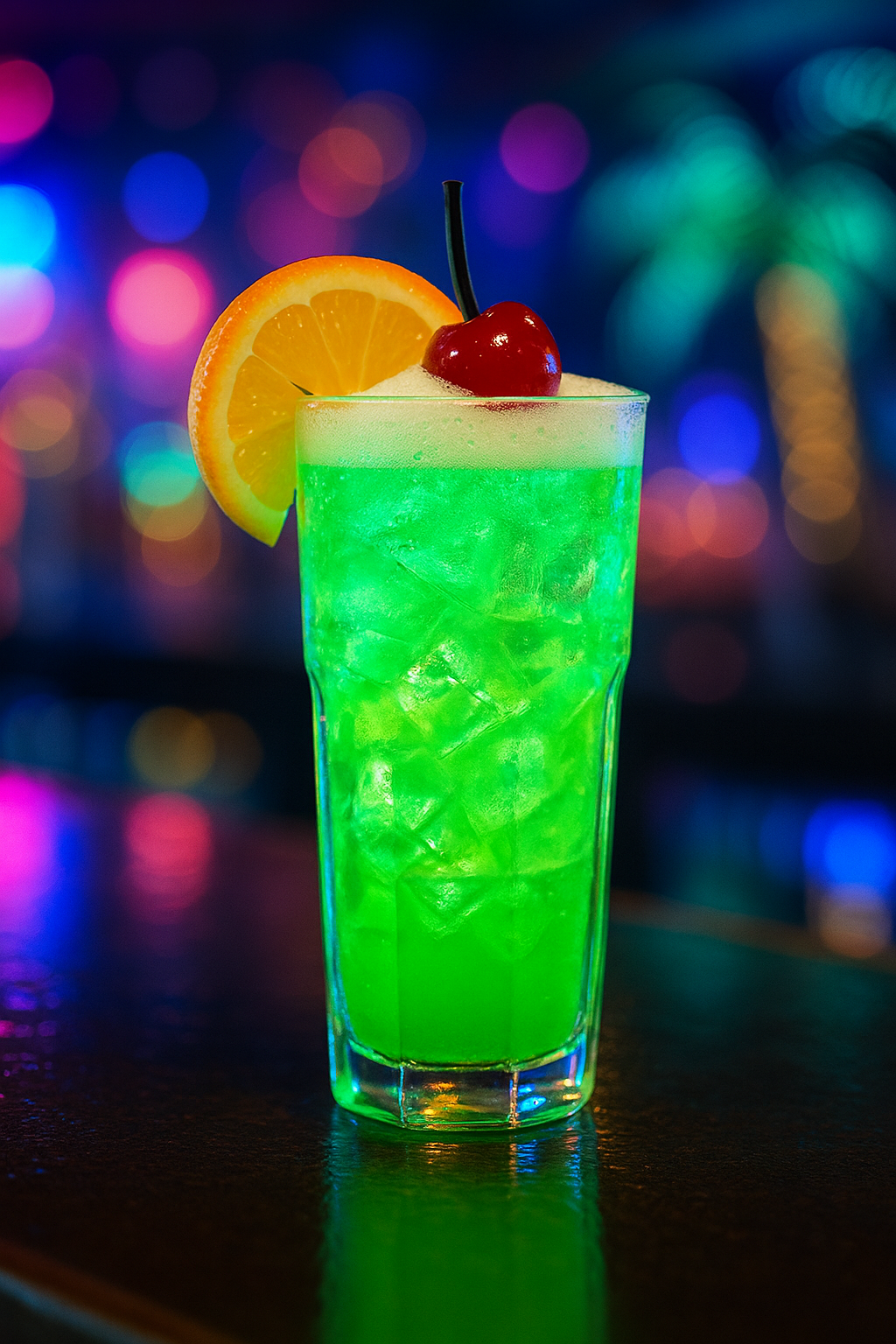 Green Bull cocktail recipe in a Collins glass with ice, orange garnish, and neon tropical lighting Title: Green Bull Cocktail Recipe in a Collins Glass