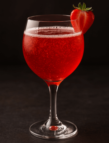 A vibrant ruby red jennifers kiss cocktail recipe served in a chilled wine goblet with a fresh strawberry garnish.