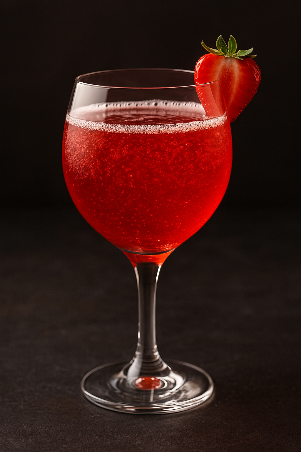 A vibrant ruby red jennifers kiss cocktail recipe served in a chilled wine goblet with a fresh strawberry garnish.