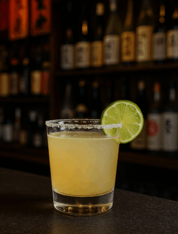 A chilled glass of the kabuki cocktail recipe with a salt rim and lime garnish set on a bar in Japan.