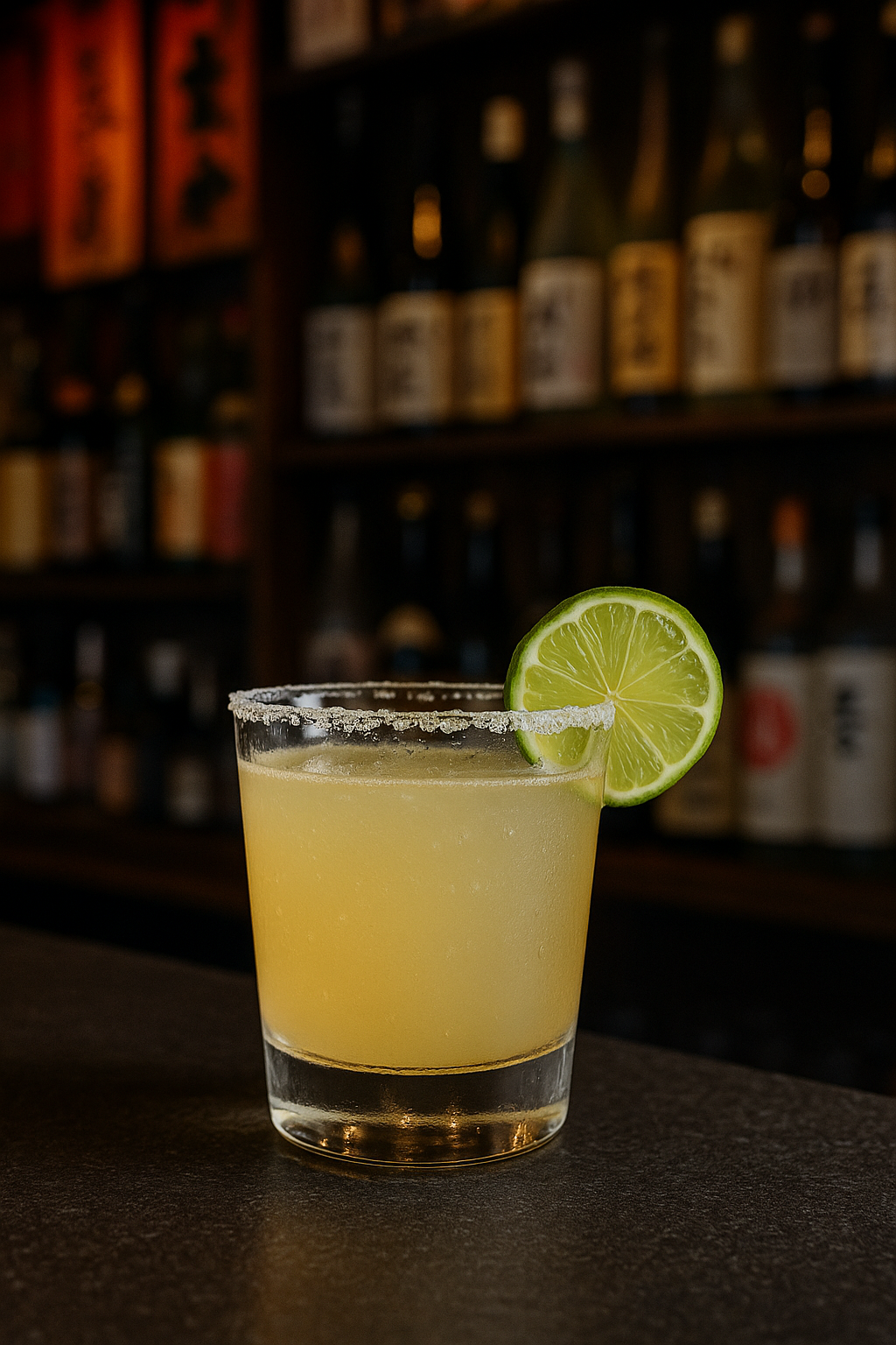 A chilled glass of the kabuki cocktail recipe with a salt rim and lime garnish set on a bar in Japan.