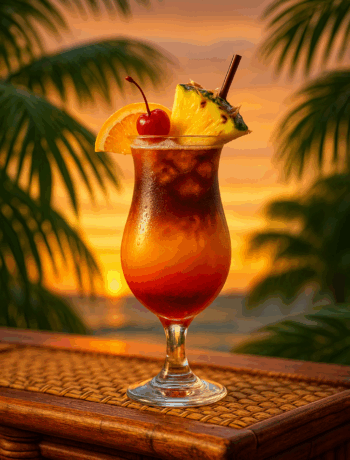 Over Board Mai Tai cocktail recipe in a hurricane glass with orange, pineapple, and cherry garnish on a tiki bar