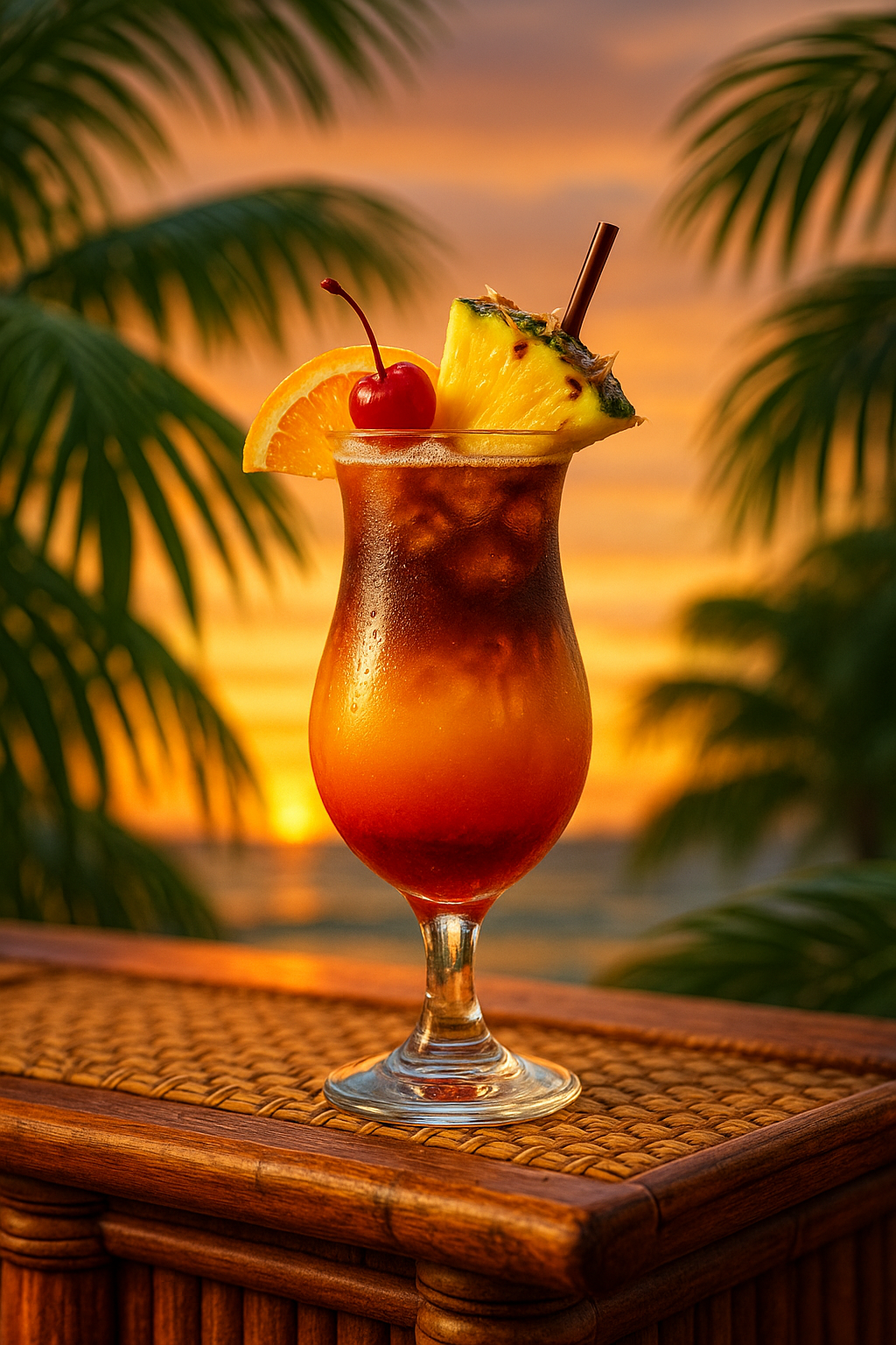 Over Board Mai Tai cocktail recipe in a hurricane glass with orange, pineapple, and cherry garnish on a tiki bar