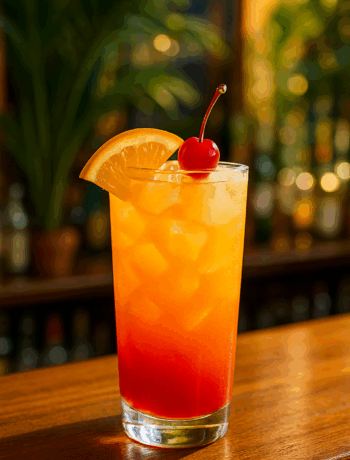 A passionate screw cocktail recipe served in a tall Collins glass with an orange wedge and cherry garnish.