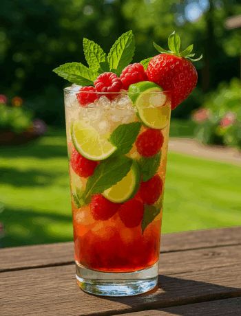 Pimms Mojito cocktail recipe in a highball glass with mint, lime, raspberries, and strawberries on a garden bar
