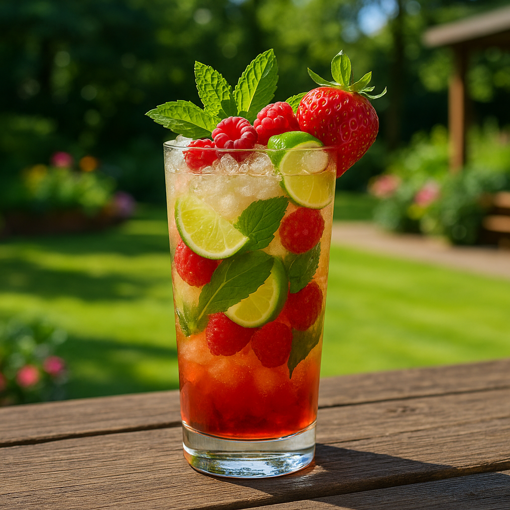 Pimms Mojito cocktail recipe in a highball glass with mint, lime, raspberries, and strawberries on a garden bar
