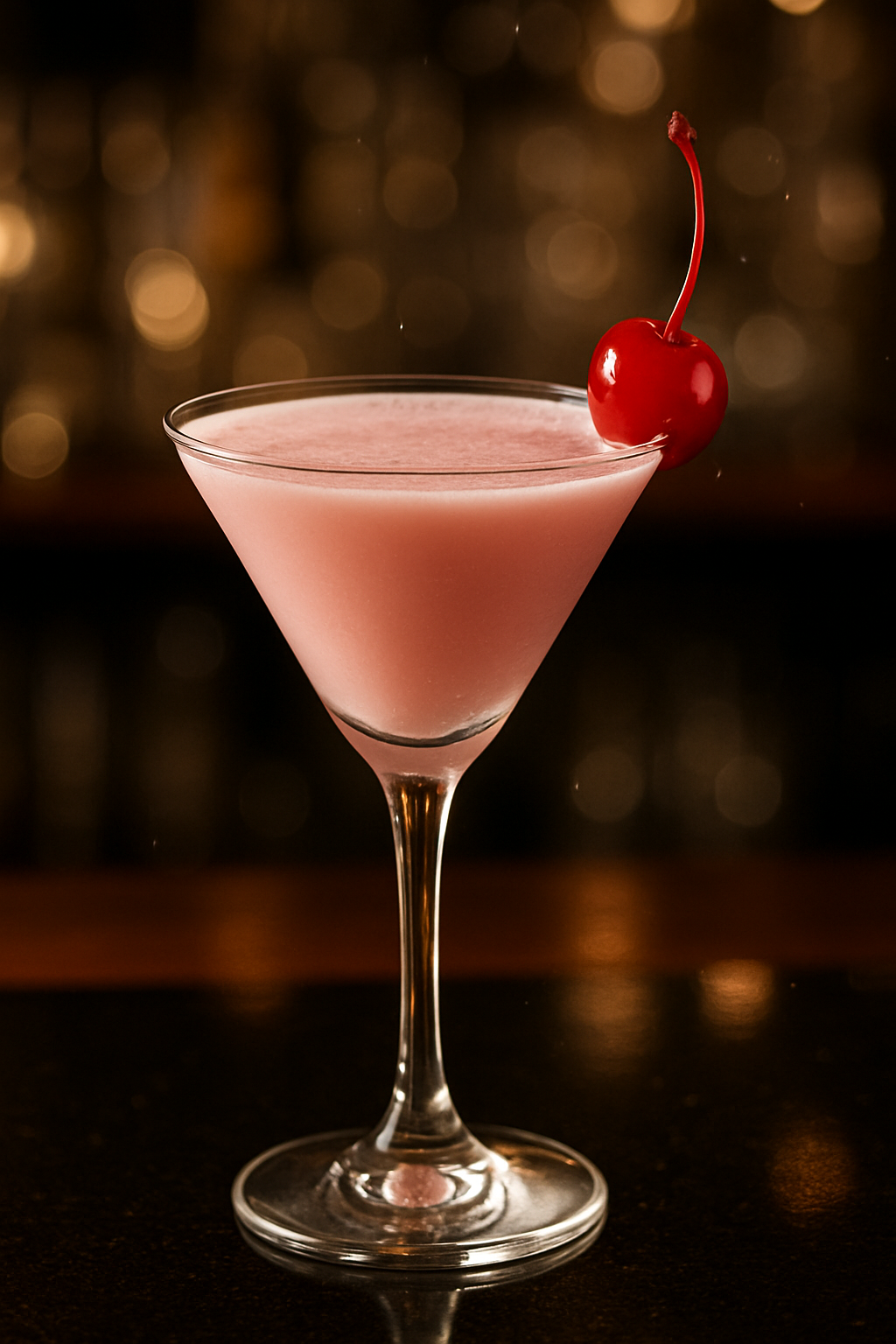 A creamy pink tutu cocktail recipe served in a chilled cocktail glass with a cherry garnish.