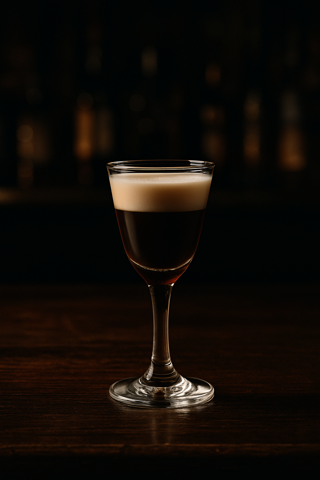Reservoir Dog cocktail recipe in a cordial glass with creamy Bailey’s and Jägermeister layers on a dark bar