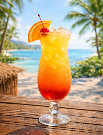 A hawaiian sunrise cocktail recipe served in a hurricane glass with layered red and yellow colors at a beachside tiki bar.