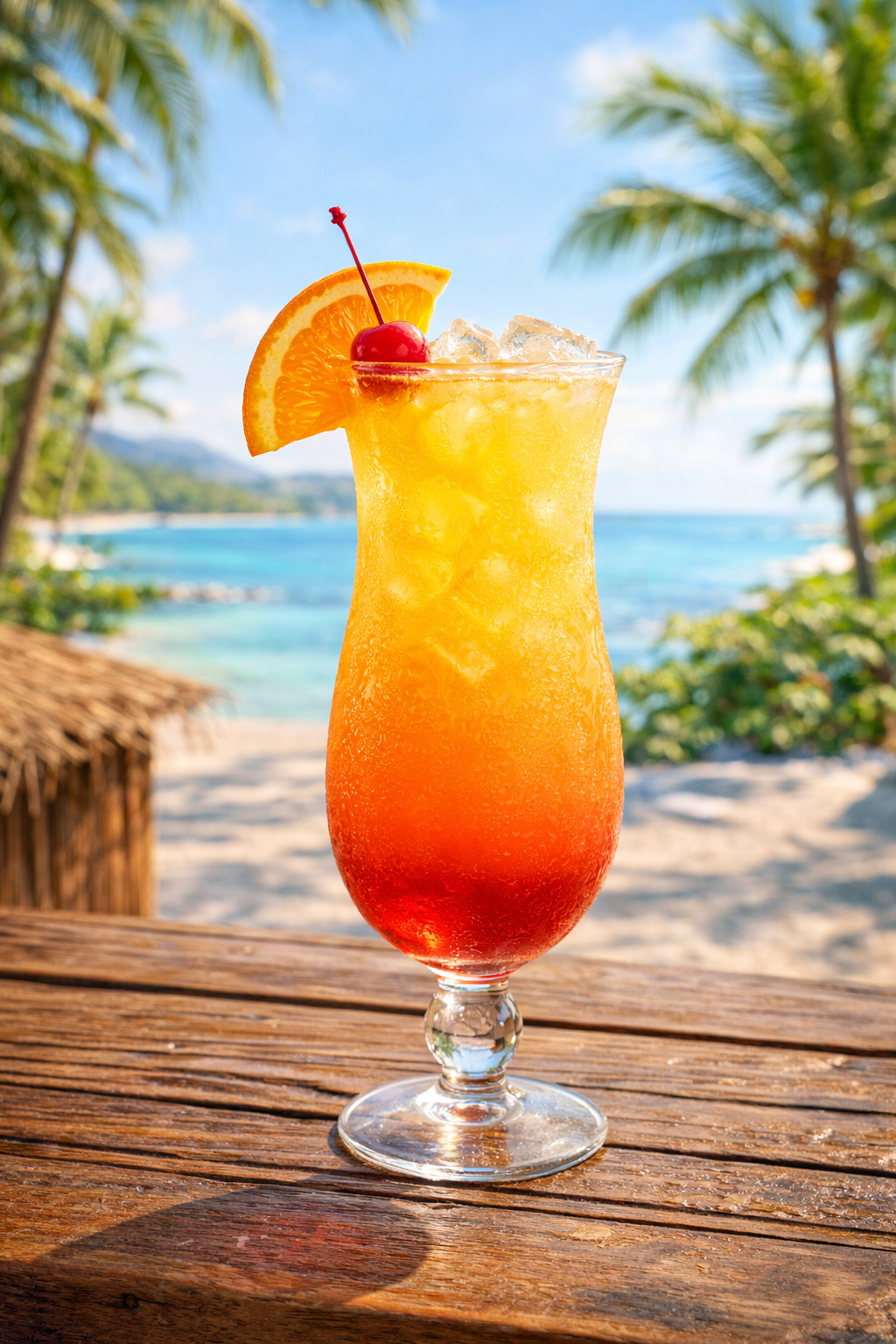 A hawaiian sunrise cocktail recipe served in a hurricane glass with layered red and yellow colors at a beachside tiki bar.