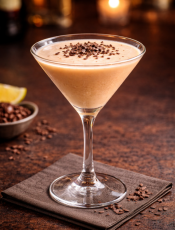 An orange bomb cocktail recipe served in a chilled cocktail glass with chocolate sprinkles on top.