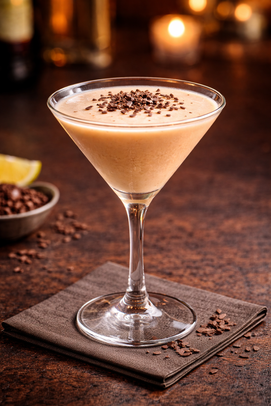 An orange bomb cocktail recipe served in a chilled cocktail glass with chocolate sprinkles on top.