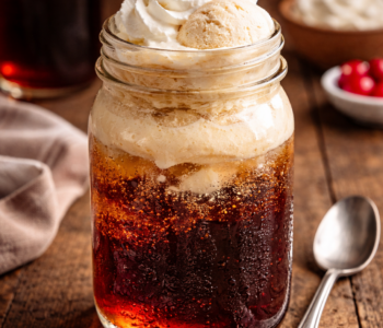 An irish immigrant cocktail recipe served in a mason jar with Vanilla Coke, Irish cream, and vanilla ice cream.