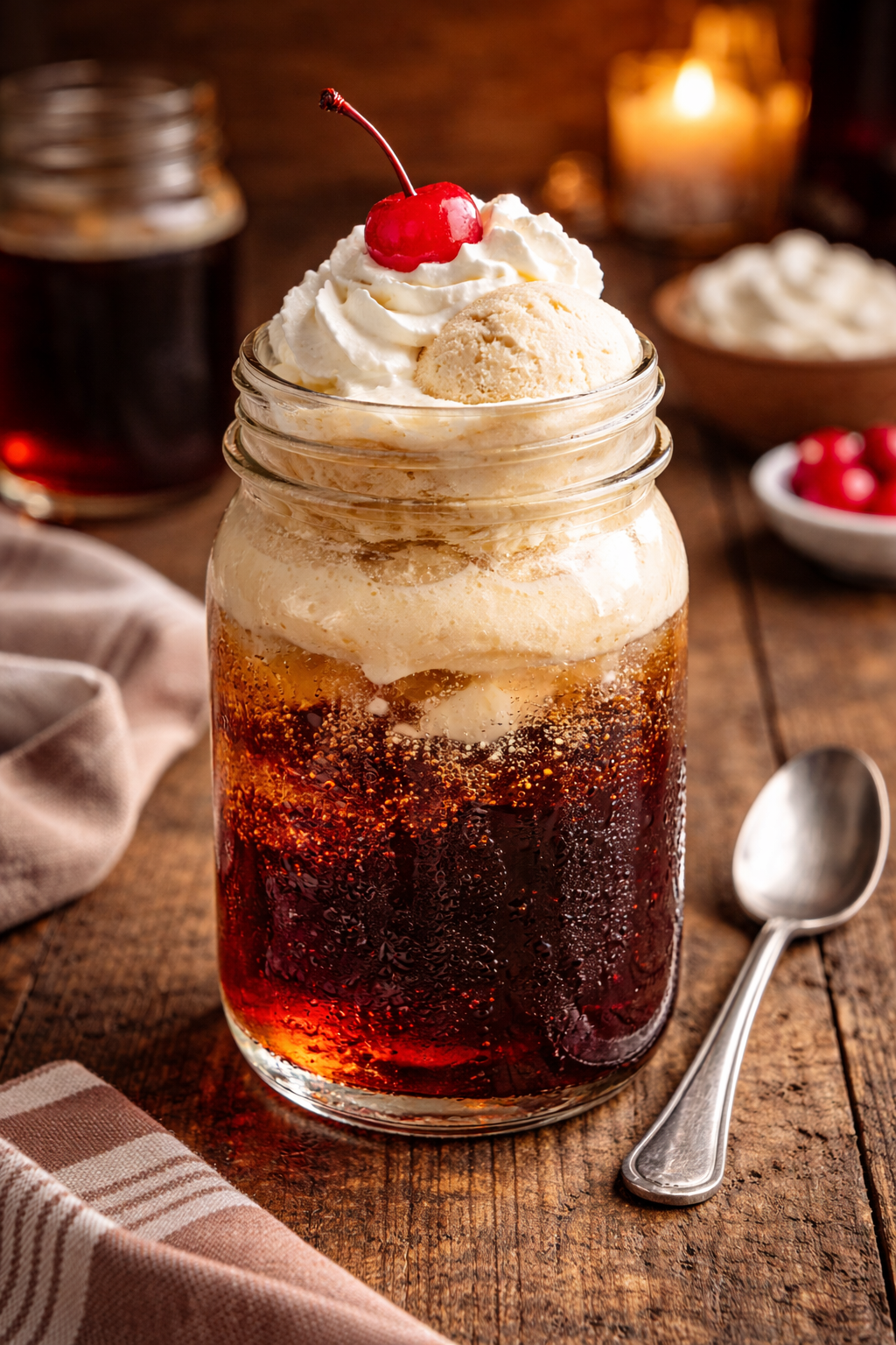 An irish immigrant cocktail recipe served in a mason jar with Vanilla Coke, Irish cream, and vanilla ice cream.