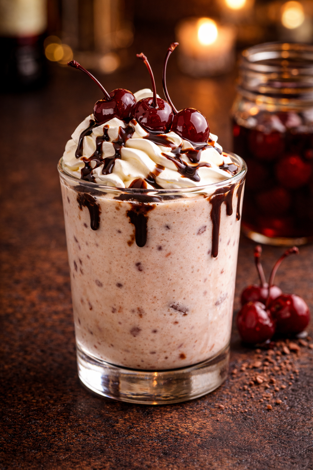 A my busted cherry cocktail recipe served in an old fashioned glass topped with whipped cream, chocolate drizzle, and rum soaked cherries.