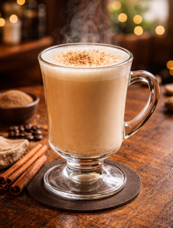 An irish cow cocktail recipe served warm in an Irish coffee mug topped with nutmeg on a wooden table.
