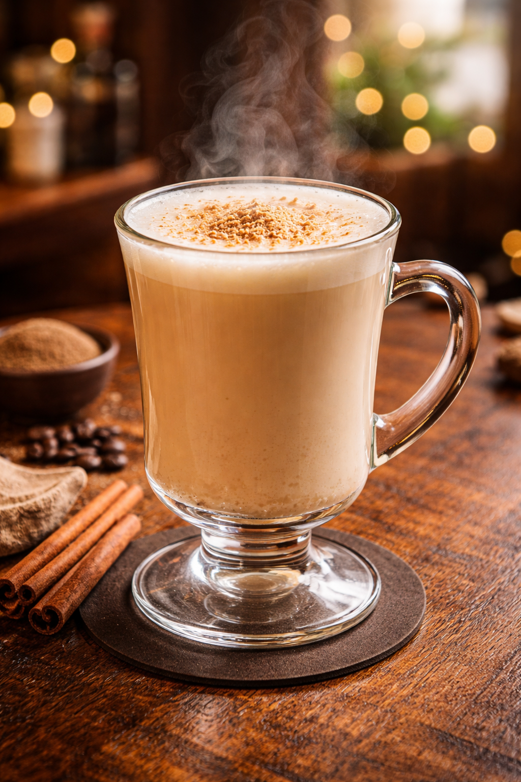 An irish cow cocktail recipe served warm in an Irish coffee mug topped with nutmeg on a wooden table.