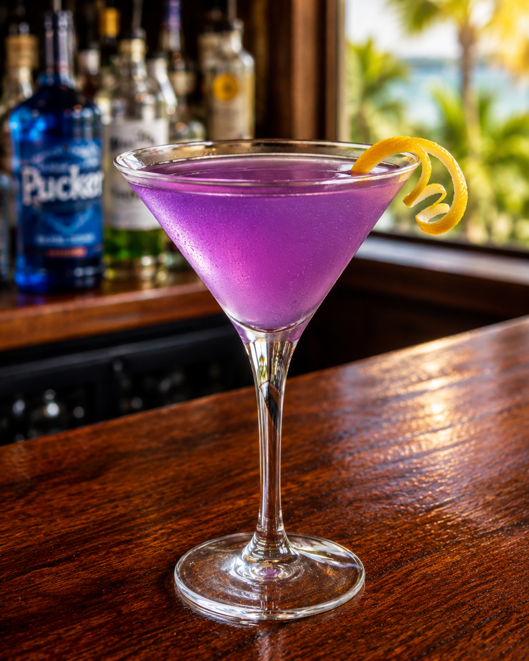 A lavender mist cocktail recipe served in a chilled martini glass with a lemon twist on a polished bar counter.