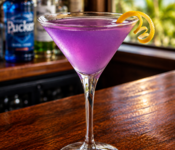 A lavender mist cocktail recipe served in a chilled martini glass with a lemon twist on a polished bar counter.