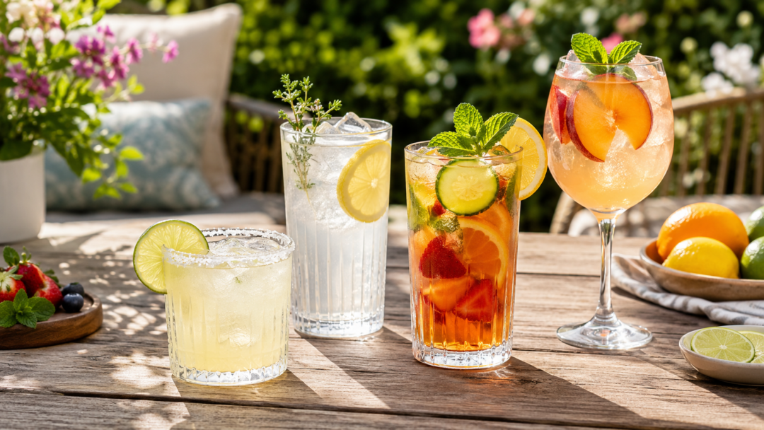 Refreshing spring cocktails served outdoors with citrus, herbs, and fresh garnishes