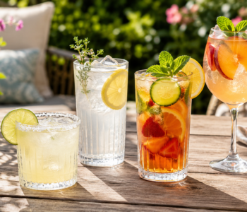Refreshing spring cocktails served outdoors with citrus, herbs, and fresh garnishes