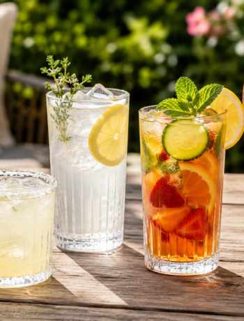 Refreshing spring cocktails served outdoors with citrus, herbs, and fresh garnishes
